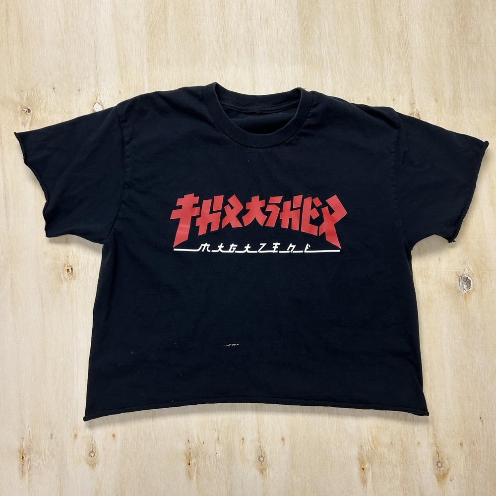 Thrasher Japanese Graphic Cropped Shirt Womens Large Black Red Logo Tee T-Shirt